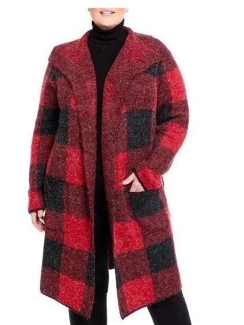 Joseph A Red Charcoal Plaid Open-Front Cozy Longline Buffalo Coatigan Cardigan L